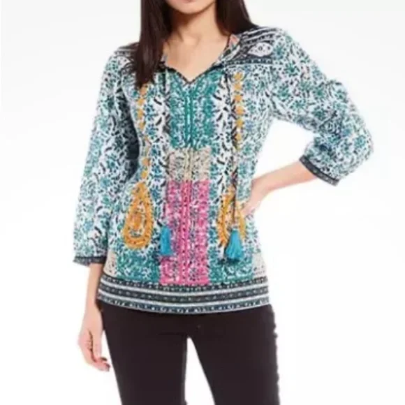 John Mark Boho Embroidered Floral 3/4 Sleeve Peasant Tunic Top Turquoise Small - Picture 13 of 15